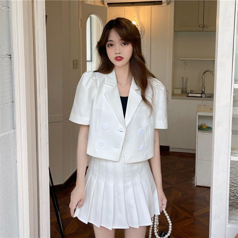 봄 여름 짧은 패션 블레 이저 Pleated 치마 정장 2022 우아한 흰색 짧은 소매 양복 탑 여성의 스트리트 스커트 세트